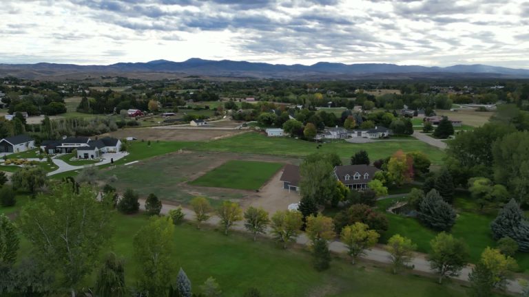 Aerial view of acreage homes, mature trees, and the foothills in the Eagle area of the Treasure Valley