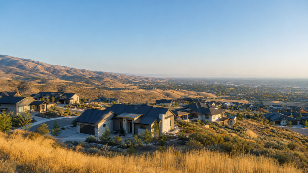 Illustrative view of modern homes in the dry Boise foothills above the Treasure Valley