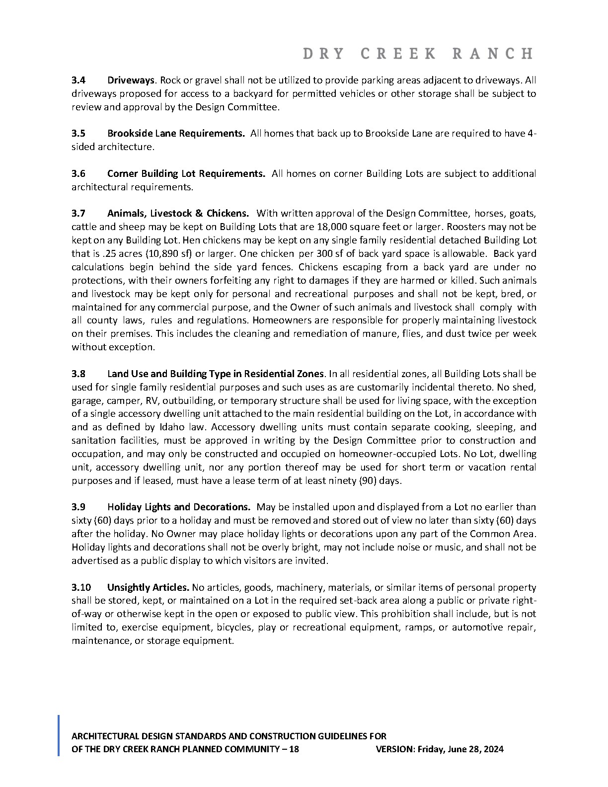 Dry Creek Ranch 2024 design guidelines page 18 showing animal, chicken, rental and accessory dwelling unit rules