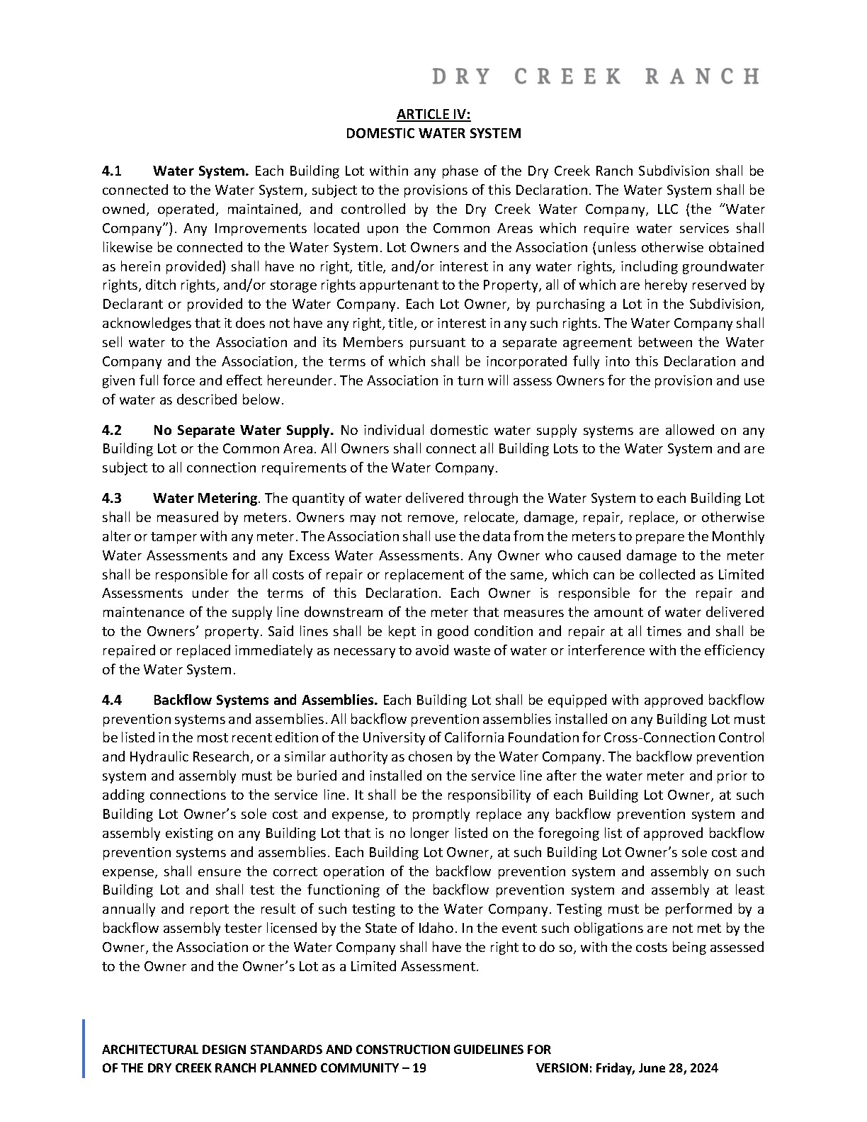 Dry Creek Ranch 2024 design guidelines page 19 showing private water connection and annual backflow testing rules