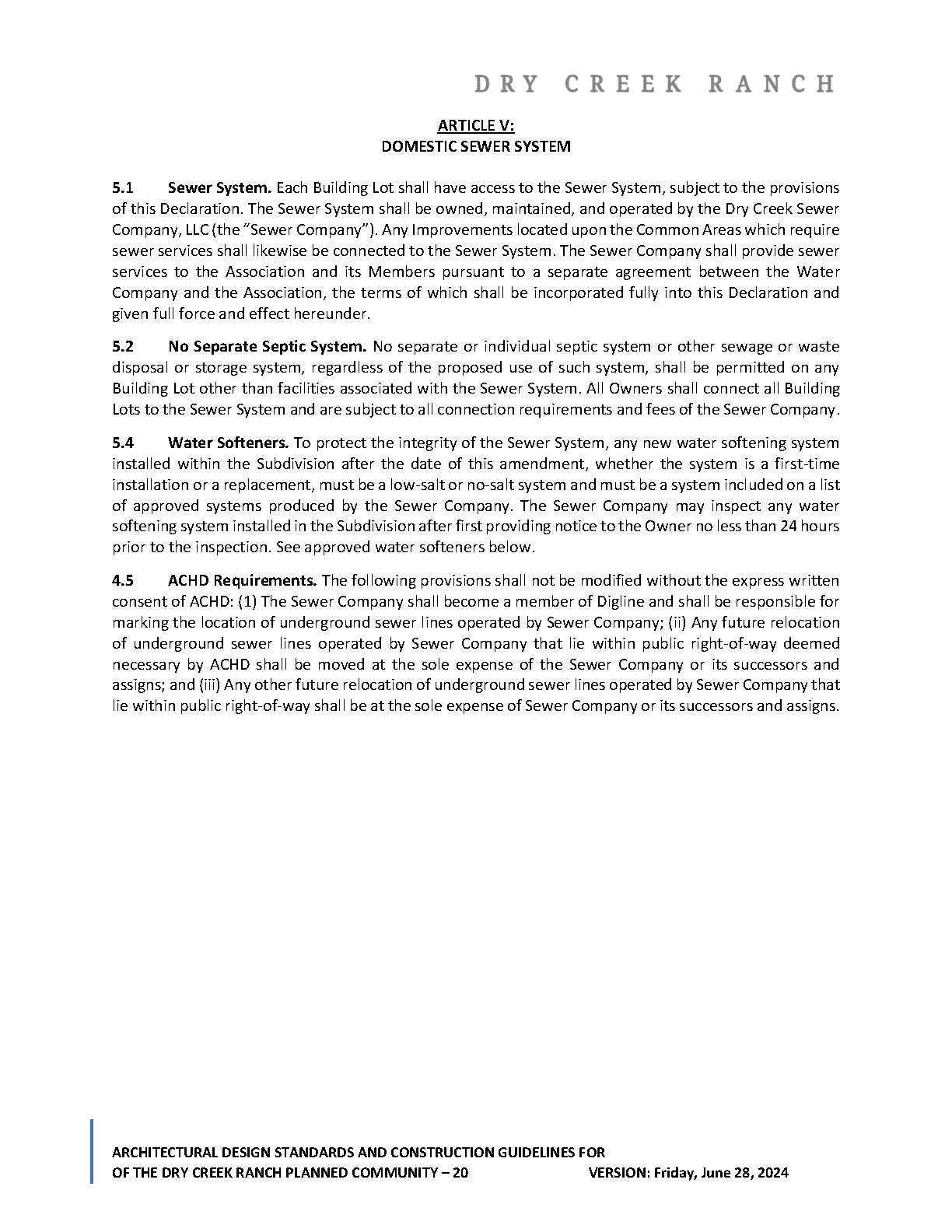 Dry Creek Ranch 2024 design guidelines page 20 showing private sewer connection and water softener rules