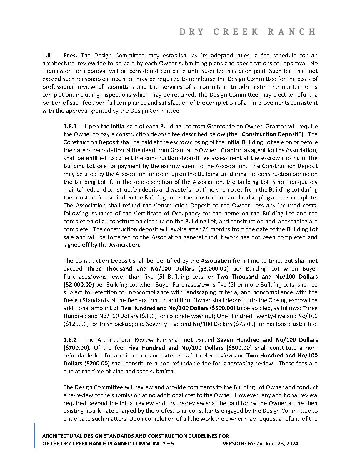 Dry Creek Ranch 2024 design guidelines page 5 showing architectural review fees and construction deposit provisions