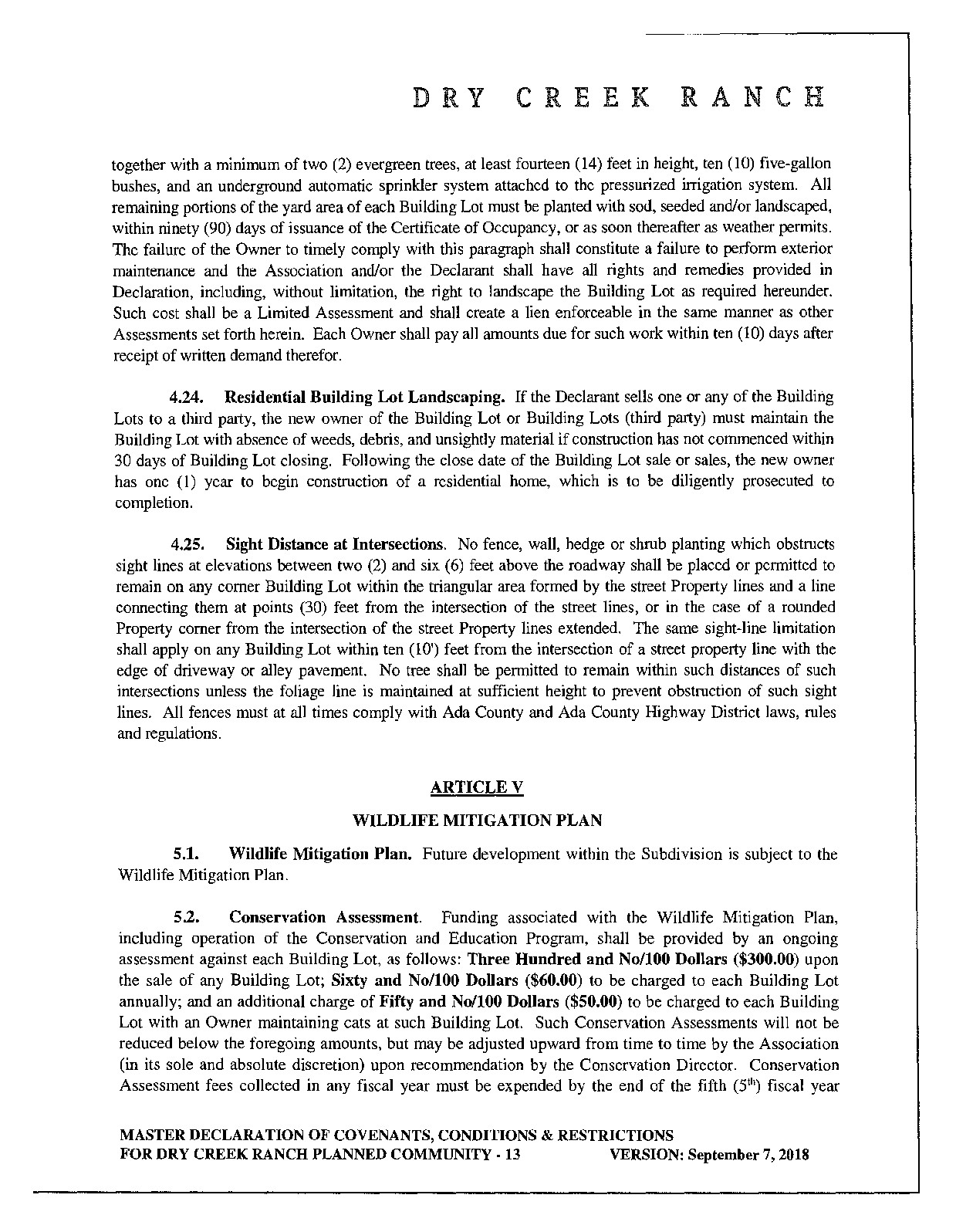 Master Dry Creek Ranch CC and Rs page 13 showing historical conservation assessment amounts