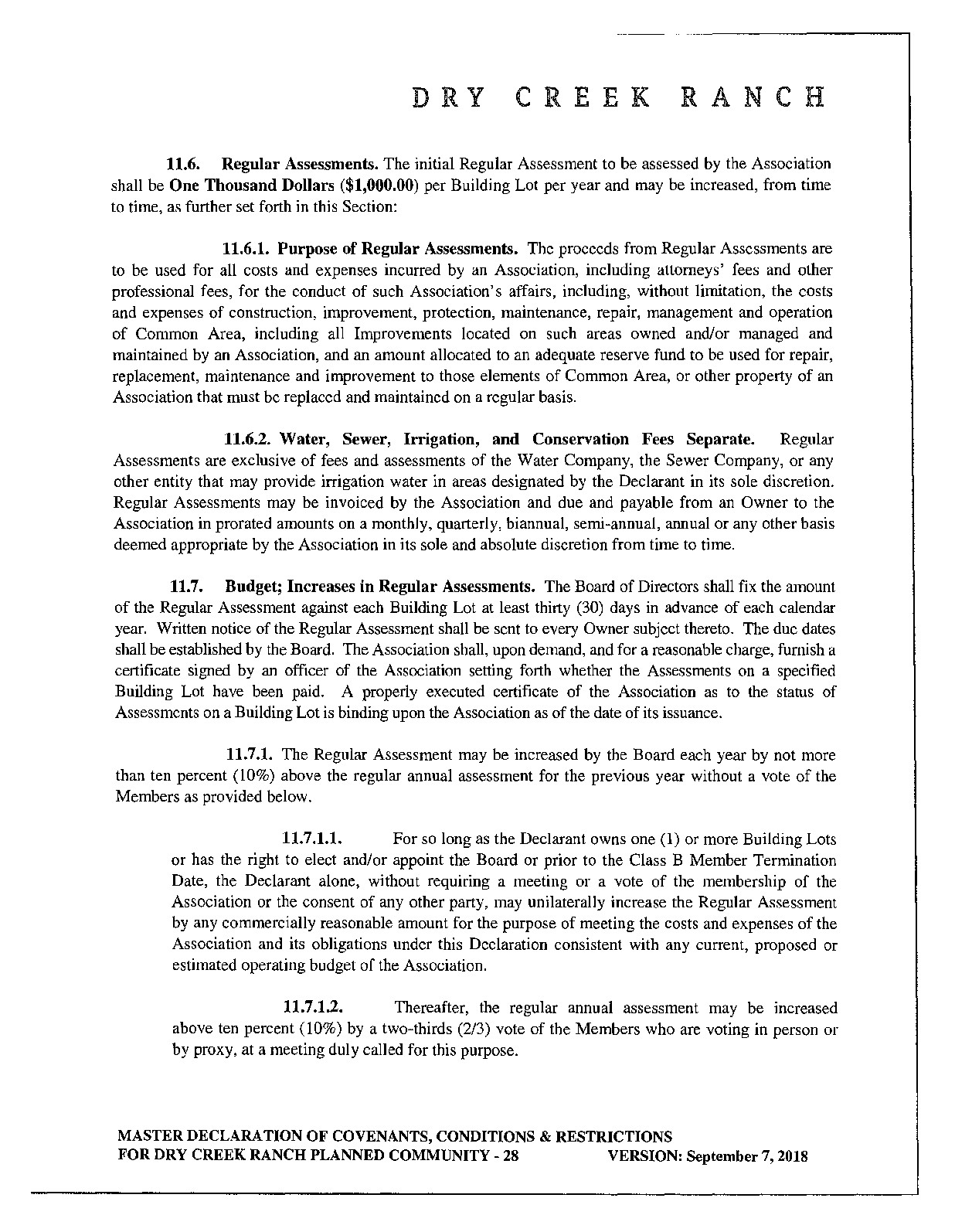 Master Dry Creek Ranch CC and Rs page 28 showing the historical 2018 initial regular assessment and separate utility fee language