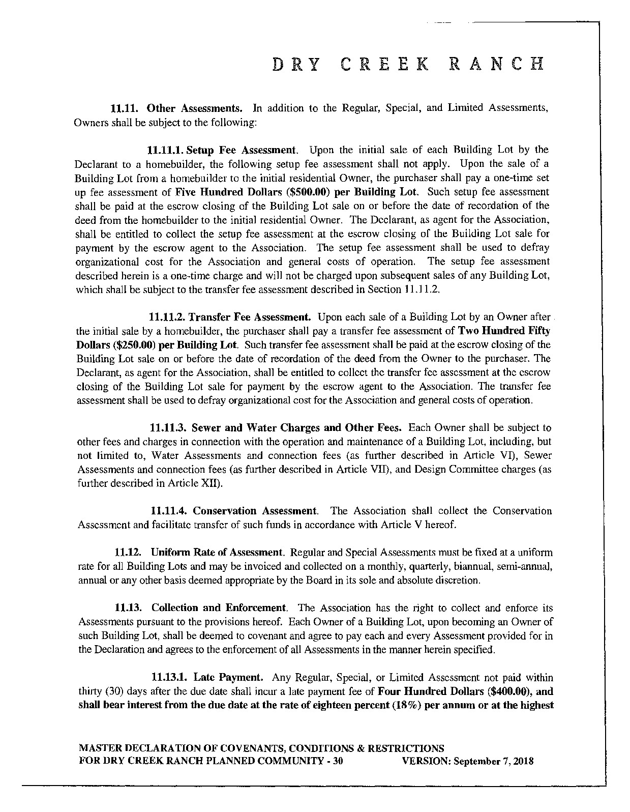 Master Dry Creek Ranch CC and Rs page 30 showing historical setup and transfer fee amounts