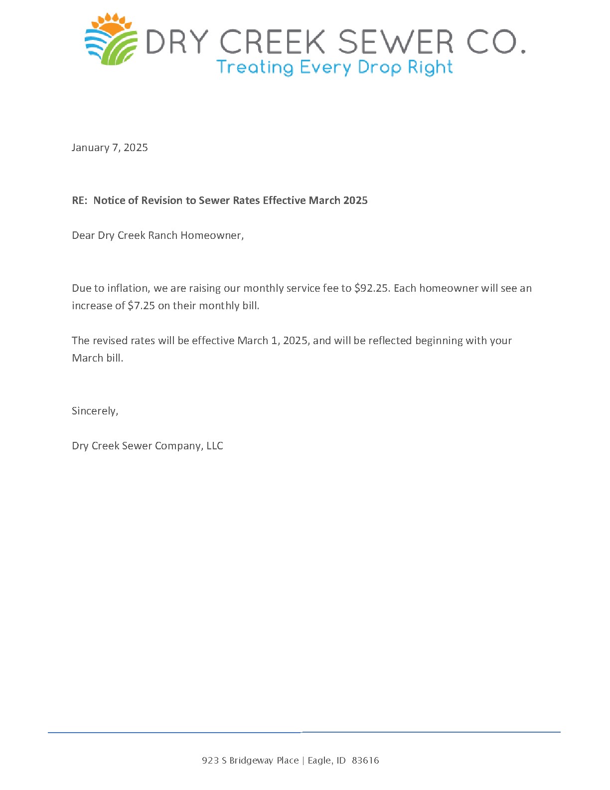 Dry Creek Sewer Company January 7, 2025 notice stating a monthly sewer service fee effective March 1, 2025