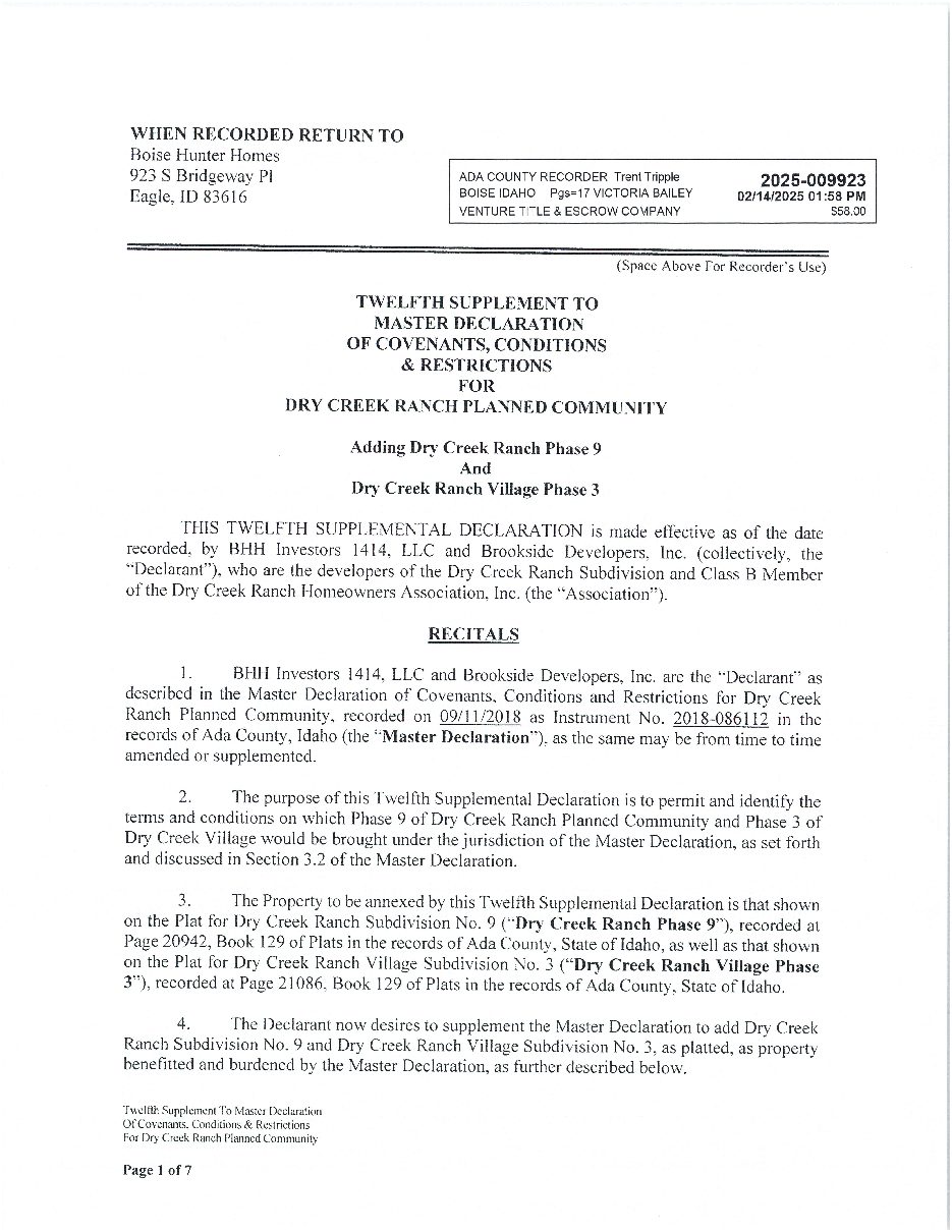 Recorded Dry Creek Ranch twelfth supplement page 1 identifying Phase 9 and Village Phase 3