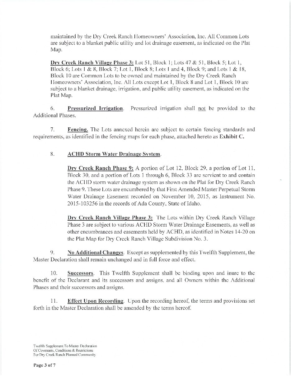 Recorded Dry Creek Ranch twelfth supplement page 3 addressing common lots, drainage easements, fencing and storm water systems