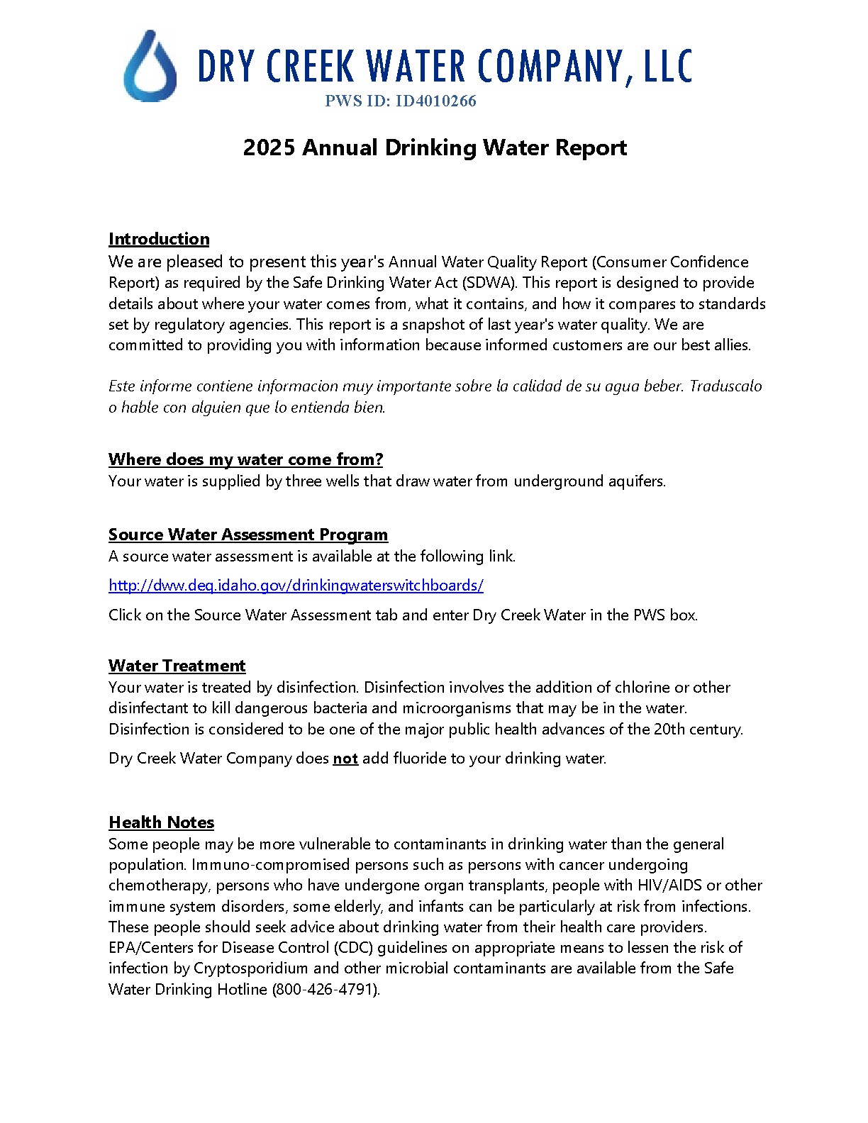 Dry Creek Water Company 2025 water quality report page 1 identifying PWS ID ID4010266 and three disinfected wells