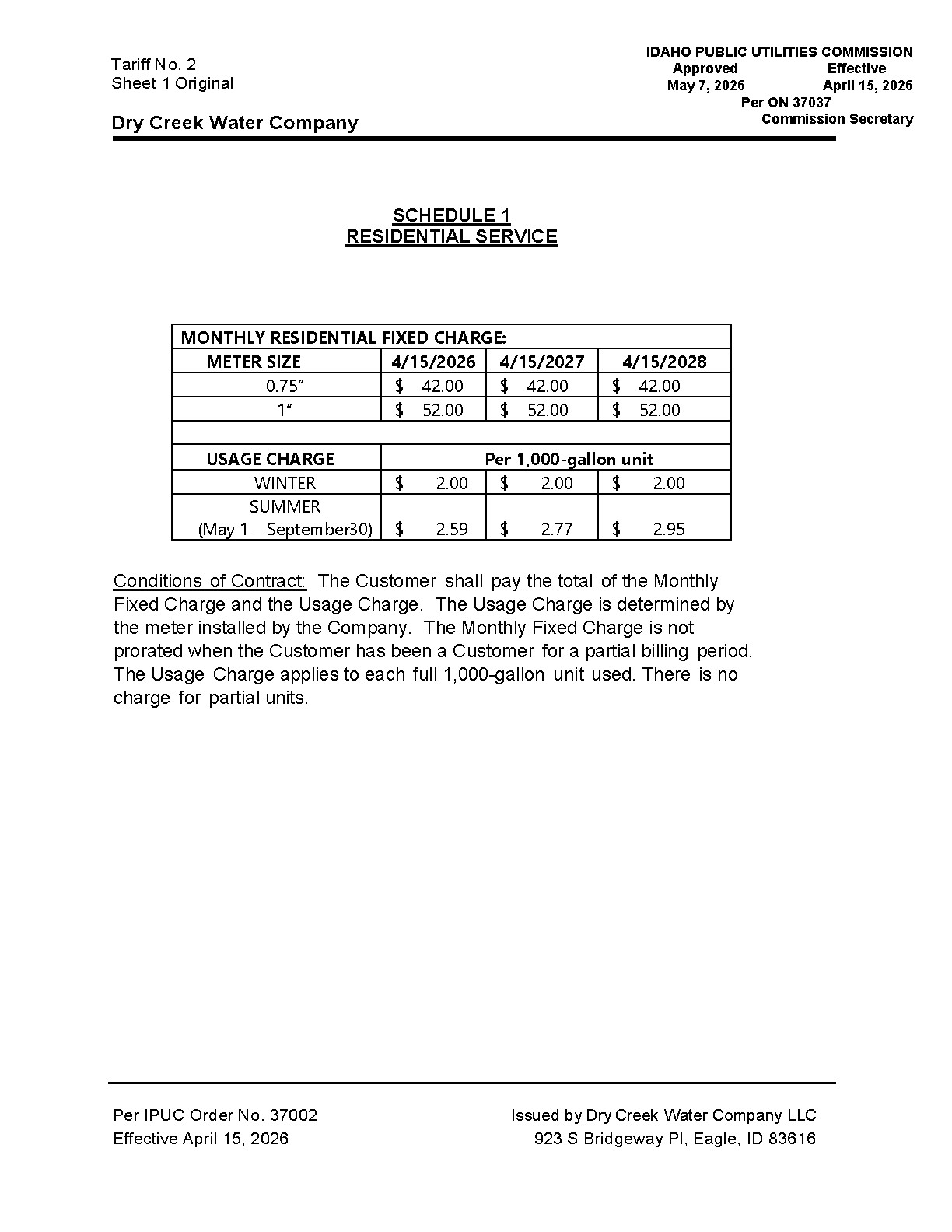 Dry Creek Water Company tariff page 1 showing residential fixed and usage rates effective April 15, 2026