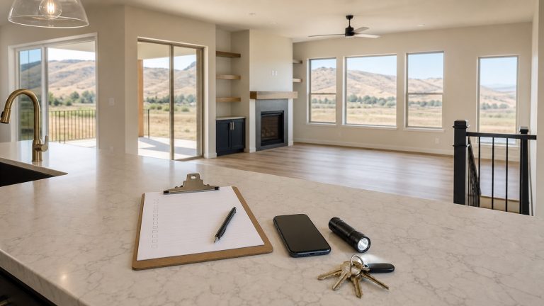 Clipboard, phone, flashlight, and keys prepared for a final walkthrough in a vacant Treasure Valley home