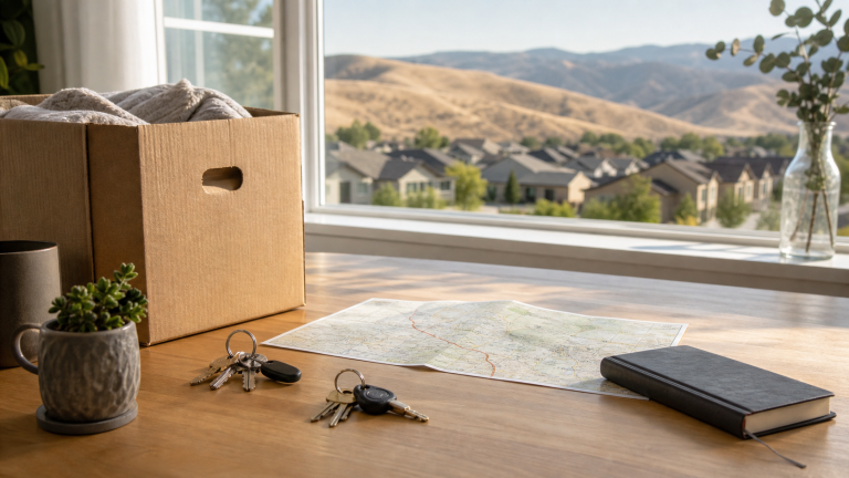 Moving boxes, two sets of house keys, and a route map overlooking the dry Boise foothills